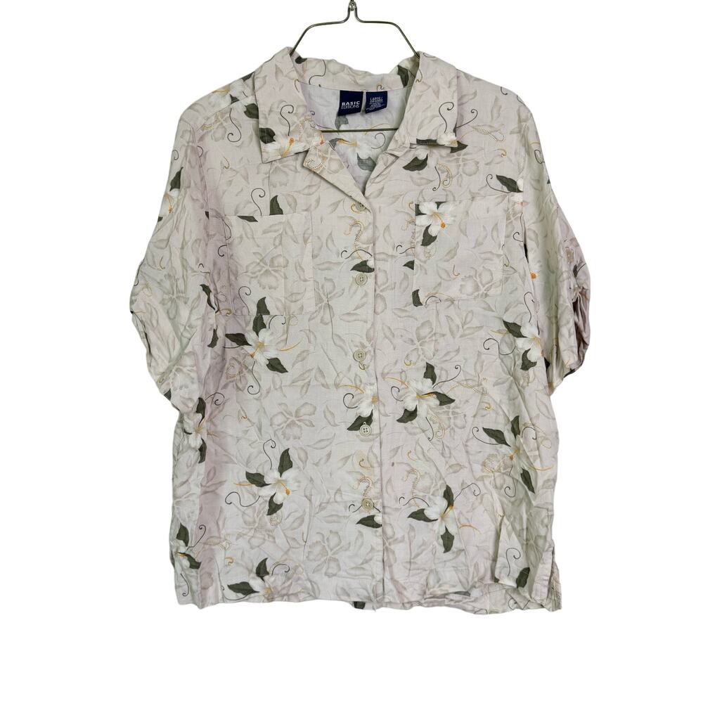 Basic Edition VINTAGE tan white floral Rayon button up short sleeve blouse LARGE